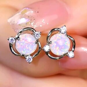 Round Opal & Clear CZ Earrings